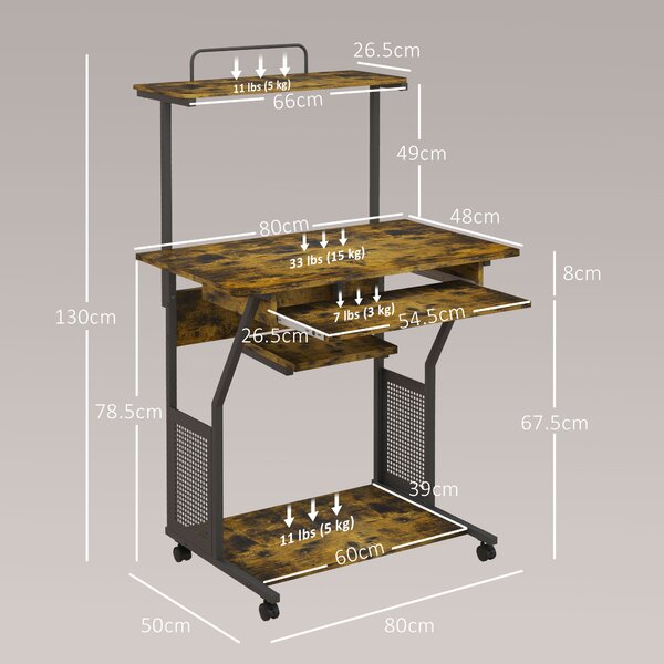 HOMCOM Mobile Computer Desk w/ Keyboard Tray, Rolling Study Table w/ Storage Shelves & Wheels, Writing Desk for Home Office, Rustic Brown Aosom UK