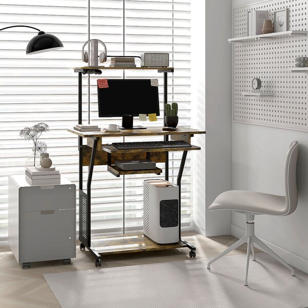 HOMCOM Mobile Computer Desk w/ Keyboard Tray, Rolling Study Table w/ Storage Shelves & Wheels, Writing Desk for Home Office, Rustic Brown Aosom UK