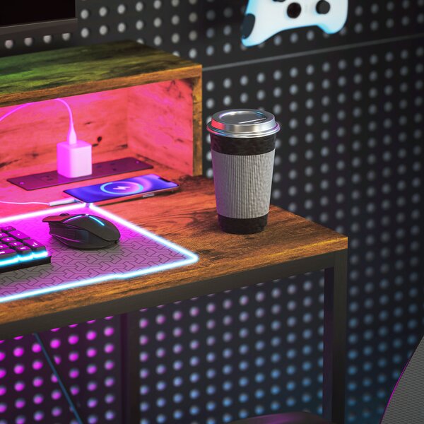 HOMCOM Computer Desk with LED Lights and Power Outlets, Gaming Desk with Monitor Stand, Computer Table with Remote for Home Office Study, Rustic Brown