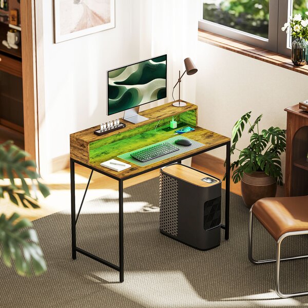 HOMCOM Computer Desk with LED Lights and Power Outlets, Gaming Desk with Monitor Stand, Computer Table with Remote for Home Office Study, Rustic Brown