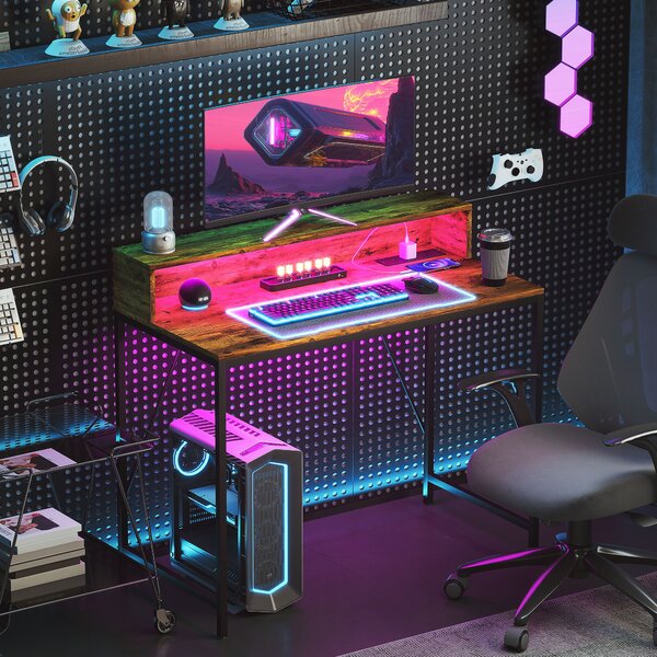 HOMCOM Computer Desk with LED Lights and Power Outlets, Gaming Desk with Monitor Stand, Computer Table with Remote for Home Office Study, Rustic Brown
