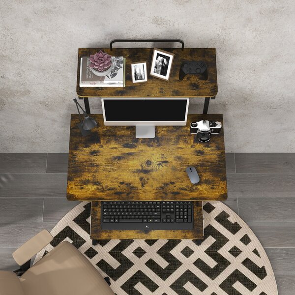 HOMCOM Mobile Computer Desk w/ Keyboard Tray, Rolling Study Table w/ Storage Shelves & Wheels, Writing Desk for Home Office, Rustic Brown Aosom UK