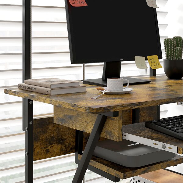 HOMCOM Mobile Computer Desk w/ Keyboard Tray, Rolling Study Table w/ Storage Shelves & Wheels, Writing Desk for Home Office, Rustic Brown Aosom UK
