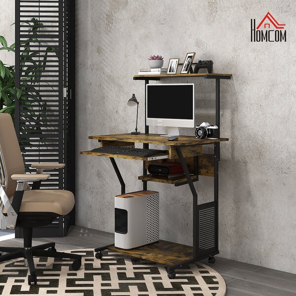 HOMCOM Mobile Computer Desk w/ Keyboard Tray, Rolling Study Table w/ Storage Shelves & Wheels, Writing Desk for Home Office, Rustic Brown Aosom UK