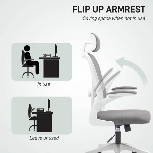 HOMCOM Executive Office Chair, Ergonomic Mesh High Back Desk Chair with Flip-up Armrest, Headrest, Adjustable Lumbar Support for Home Study, Grey
