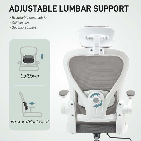 HOMCOM Executive Office Chair, Ergonomic Mesh High Back Desk Chair with Flip-up Armrest, Headrest, Adjustable Lumbar Support for Home Study, Grey