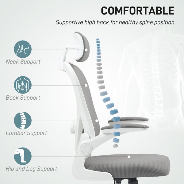 HOMCOM Executive Office Chair, Ergonomic Mesh High Back Desk Chair with Flip-up Armrest, Headrest, Adjustable Lumbar Support for Home Study, Grey