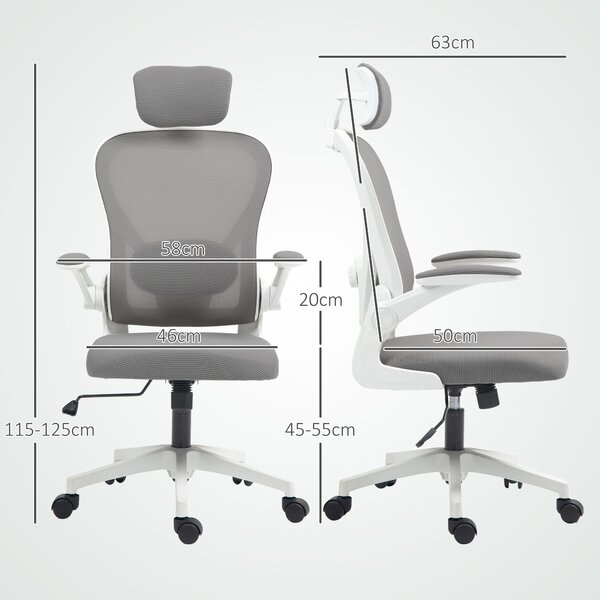HOMCOM Executive Office Chair, Ergonomic Mesh High Back Desk Chair with Flip-up Armrest, Headrest, Adjustable Lumbar Support for Home Study, Grey