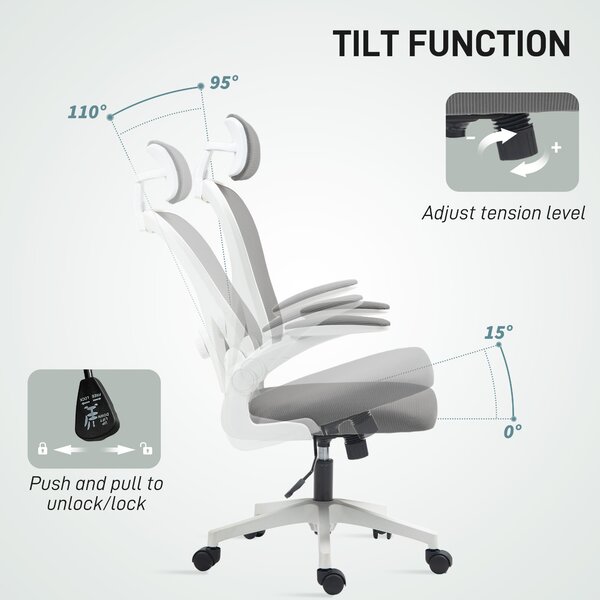 HOMCOM Executive Office Chair, Ergonomic Mesh High Back Desk Chair with Flip-up Armrest, Headrest, Adjustable Lumbar Support for Home Study, Grey