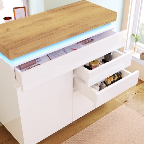 High-Gloss Sideboard Cabinet with Drawers and Doors, LED Lighting Chest of Drawers for Living Room, Hallway, 110L x 39W x 115H cm, White Aosom.UK