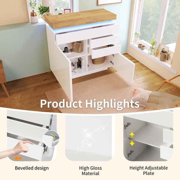 High-Gloss Sideboard Cabinet with Drawers and Doors, LED Lighting Chest of Drawers for Living Room, Hallway, 110L x 39W x 115H cm, White Aosom.UK