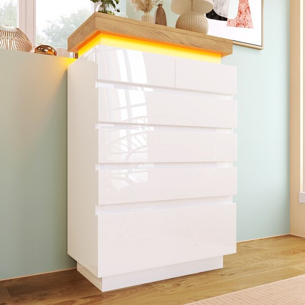 High-Gloss Storage Cabinet with 6 Storage Drawers, LED lighting Chest of Drawers for Bedroom, Living Room, 73L x 39W x 115H cm, White Aosom.UK
