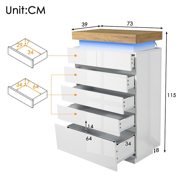 High-Gloss Storage Cabinet with 6 Storage Drawers, LED lighting Chest of Drawers for Bedroom, Living Room, 73L x 39W x 115H cm, White Aosom.UK