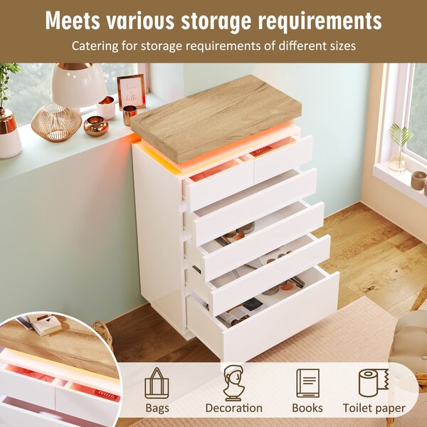 High-Gloss Storage Cabinet with 6 Storage Drawers, LED lighting Chest of Drawers for Bedroom, Living Room, 73L x 39W x 115H cm, White Aosom.UK