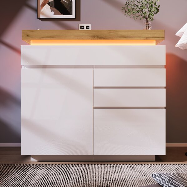 High-Gloss Sideboard Cabinet with Drawers and Doors, LED Lighting Chest of Drawers for Living Room, Hallway, 110L x 39W x 115H cm, White Aosom.UK