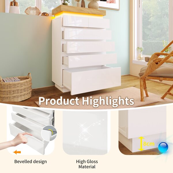 High-Gloss Storage Cabinet with 6 Storage Drawers, LED lighting Chest of Drawers for Bedroom, Living Room, 73L x 39W x 115H cm, White Aosom.UK