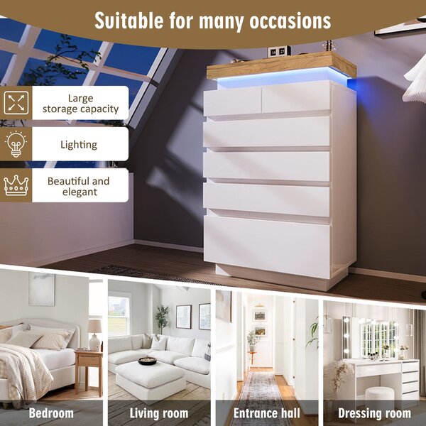 High-Gloss Storage Cabinet with 6 Storage Drawers, LED lighting Chest of Drawers for Bedroom, Living Room, 73L x 39W x 115H cm, White Aosom.UK
