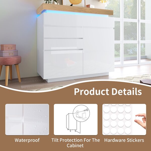 High-Gloss Sideboard Cabinet with Drawers and Doors, LED Lighting Chest of Drawers for Living Room, Hallway, 110L x 39W x 115H cm, White Aosom.UK