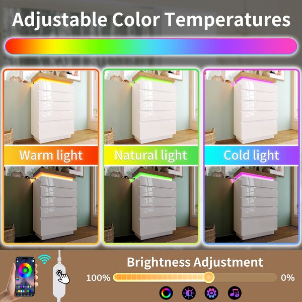 High-Gloss Storage Cabinet with 6 Storage Drawers, LED lighting Chest of Drawers for Bedroom, Living Room, 73L x 39W x 115H cm, White Aosom.UK