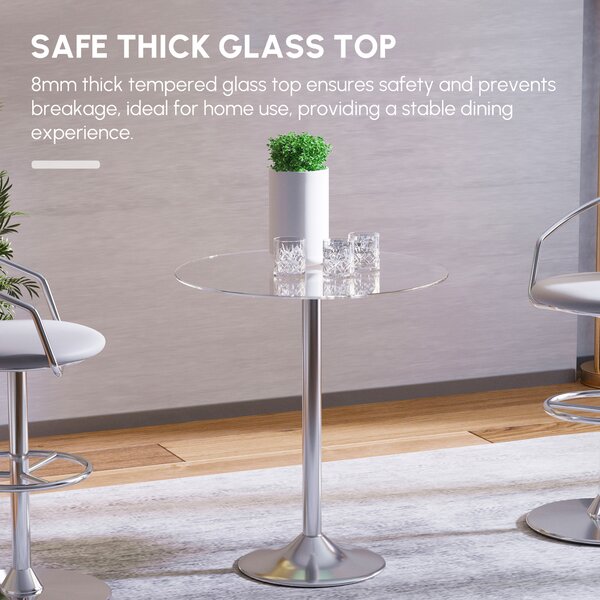 HOMCOM Round Kitchen Table w/ Tempered Glass Top, Steel Base, Modern Dining Table, Space Saving Small Bar Table, Silver Aosom UK