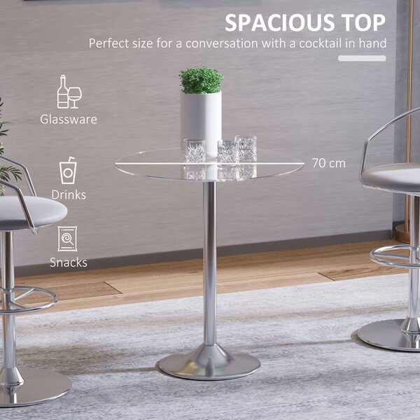 HOMCOM Round Kitchen Table w/ Tempered Glass Top, Steel Base, Modern Dining Table, Space Saving Small Bar Table, Silver Aosom UK