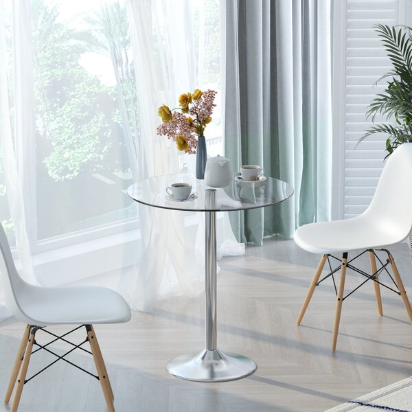 HOMCOM Round Kitchen Table w/ Tempered Glass Top, Steel Base, Modern Dining Table, Space Saving Small Bar Table, Silver Aosom UK