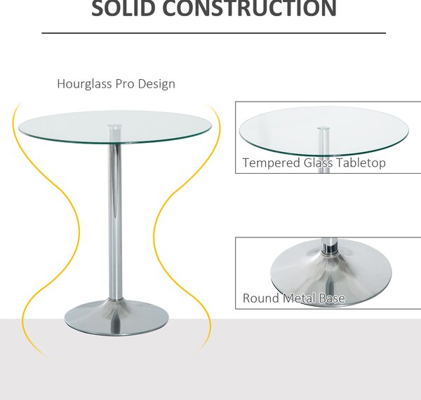 HOMCOM Round Kitchen Table w/ Tempered Glass Top, Steel Base, Modern Dining Table, Space Saving Small Bar Table, Silver Aosom UK