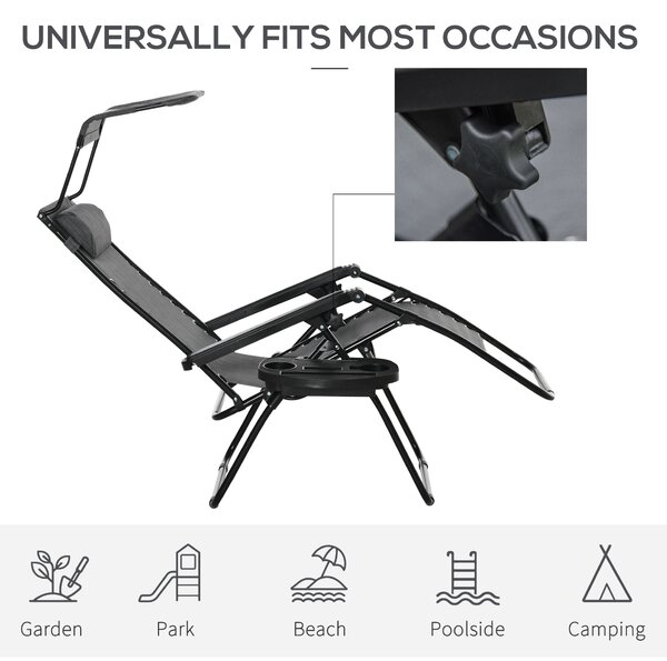 Outsunny Zero Gravity Garden Deck Folding Chair Patio Sun Lounger Reclining Seat with Cup Holder & Canopy Shade - Grey Aosom UK