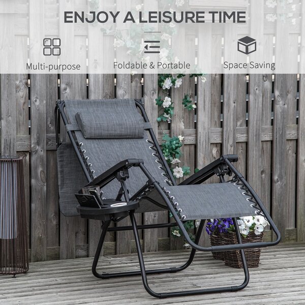 Outsunny 2 Piece Foldable Reclining Garden Chair with Headrest, Zero Gravity Deck Sun Lounger Seat Chair with Canopy Shade, Light Grey