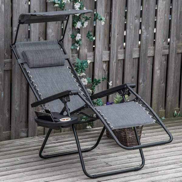 Outsunny Zero Gravity Garden Deck Folding Chair Patio Sun Lounger Reclining Seat with Cup Holder & Canopy Shade - Grey Aosom UK