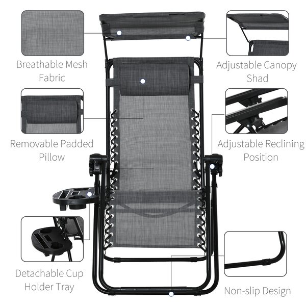Outsunny 2 Piece Foldable Reclining Garden Chair with Headrest, Zero Gravity Deck Sun Lounger Seat Chair with Canopy Shade, Light Grey