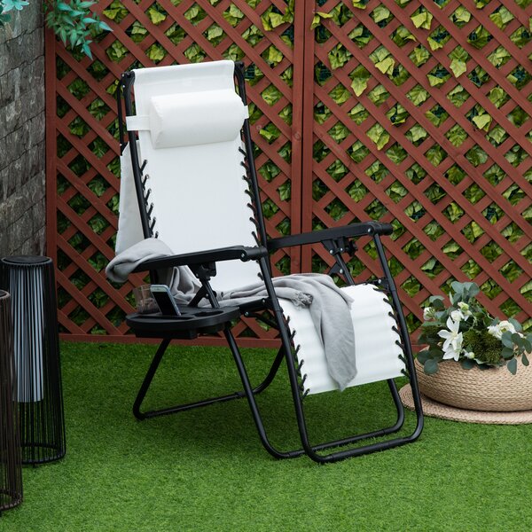 Outsunny Zero Gravity Garden Deck Folding Chair Patio Sun Lounger Reclining Seat with Cup Holder & Canopy Shade - White Aosom UK