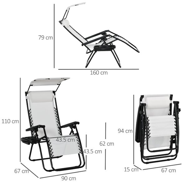 Outsunny 2 Piece Foldable Reclining Garden Chair with Headrest, Zero Gravity Deck Sun Lounger Seat Chair with Footrest, Armrest, White
