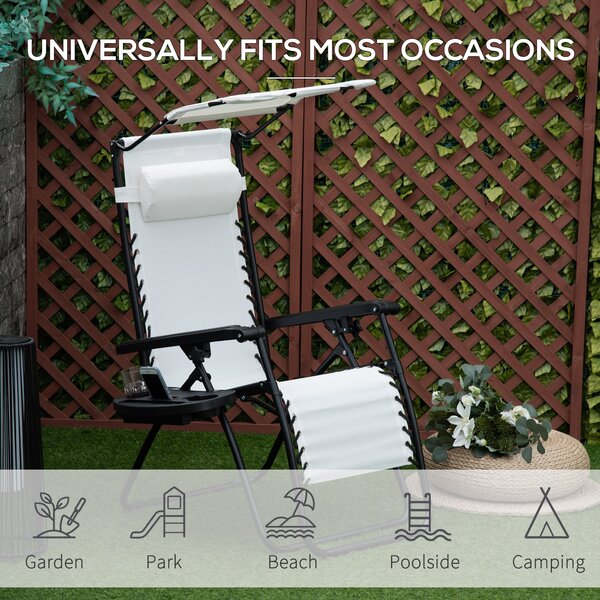 Outsunny 2 Piece Foldable Reclining Garden Chair with Headrest, Zero Gravity Deck Sun Lounger Seat Chair with Footrest, Armrest, White