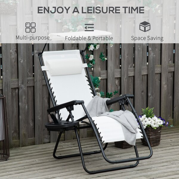 Outsunny 2 Piece Foldable Reclining Garden Chair with Headrest, Zero Gravity Deck Sun Lounger Seat Chair with Footrest, Armrest, White