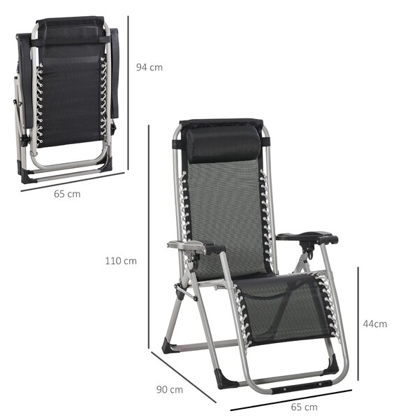 Outsunny 2 Piece Garden Sun Lounger, Anti Gravity Chair, Folding Outdoor Sun Lounger with Cushion Headrest, Dark Grey Aosom UK