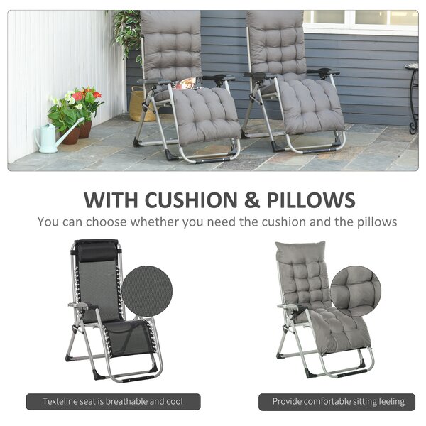 Outsunny 2 Piece Garden Sun Lounger, Anti Gravity Chair, Folding Outdoor Sun Lounger with Cushion Headrest, Dark Grey Aosom UK