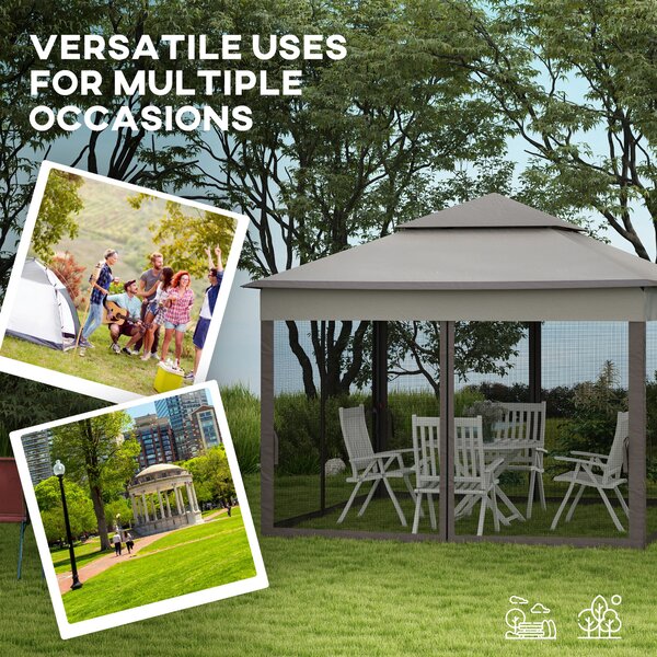 Outsunny 3 x 3m Pop Up Gazebo with Sides, Metal Frame Double-Roof Garden Tent with Netting and Carry Bag for Garden, Light Grey Aosom UK