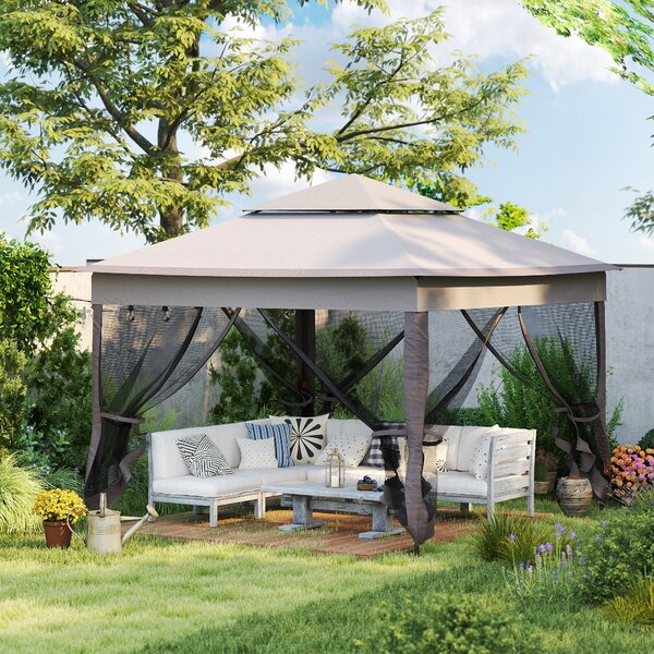 Outsunny 3 x 3m Pop Up Gazebo with Sides, Metal Frame Double-Roof Garden Tent with Netting and Carry Bag for Garden, Light Grey Aosom UK