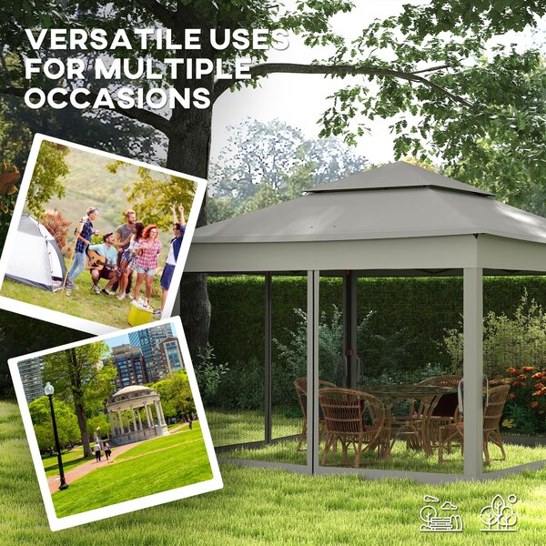 Outsunny 3 x 3m Pop Up Gazebo with Sides, Double-Roof Garden Tent with Netting and Carry Bag for Outdoor Patio, Dark Grey Aosom UK