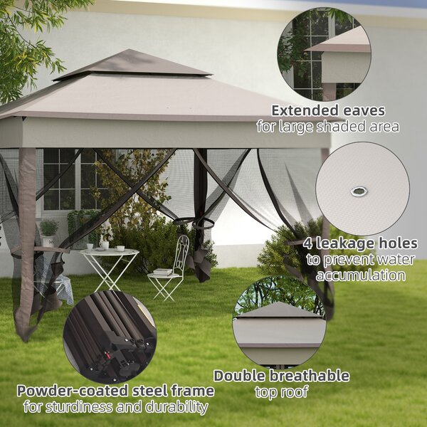Outsunny 3 x 3m Pop Up Gazebo with Sides, Metal Frame Double-Roof Garden Tent with Netting and Carry Bag for Garden, Light Grey Aosom UK