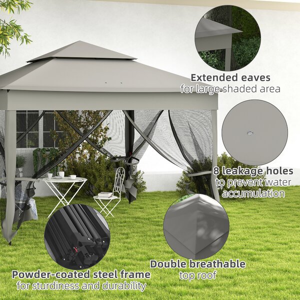 Outsunny 3 x 3m Pop Up Gazebo with Sides, Double-Roof Garden Tent with Netting and Carry Bag for Outdoor Patio, Dark Grey Aosom UK