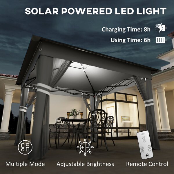Outsunny 3x3m Pop-Up Garden Gazebo with Solar LED Lights, Instant Event Party Tent Shelter with Curtains & Netting, Grey Aosom UK