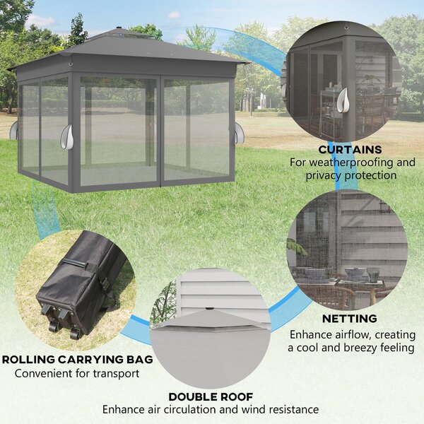 Outsunny 3x3m Pop-Up Garden Gazebo with Solar LED Lights, Instant Event Party Tent Shelter with Curtains & Netting, Grey Aosom UK
