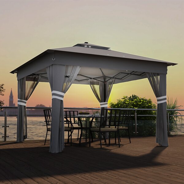 Outsunny 3x3m Pop-Up Garden Gazebo with Solar LED Lights, Instant Event Party Tent Shelter with Curtains & Netting, Grey Aosom UK
