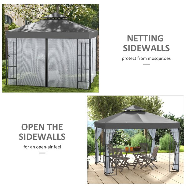 Outsunny Patio Gazebo 3 x 3m, Garden Pavilion Tent Shelter with 2 Tier Roof, Mosquito Netting, Steel Frame, Grey