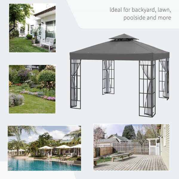Outsunny Patio Gazebo 3 x 3m, Garden Pavilion Tent Shelter with 2 Tier Roof, Mosquito Netting, Steel Frame, Grey
