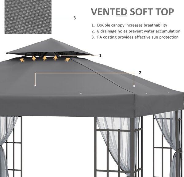 Outsunny Patio Gazebo 3 x 3m, Garden Pavilion Tent Shelter with 2 Tier Roof, Mosquito Netting, Steel Frame, Grey
