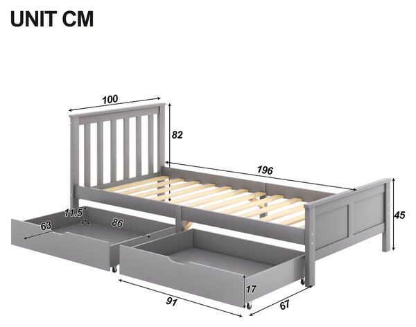 Wooden Solid Pine Divan Storage Bed with Drawers, Single 3ft Bed Frame, Solid Bed Frames with under Bed Storage, 196x100x82 cm, Gray Aosom.UK