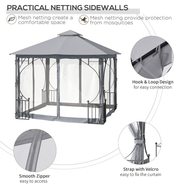 Outsunny 3 x 3 M Garden Gazebo Patio Party Tent Shelter Outdoor Canopy Double Tier Sun Shade Metal Frame Light Grey Aosom UK